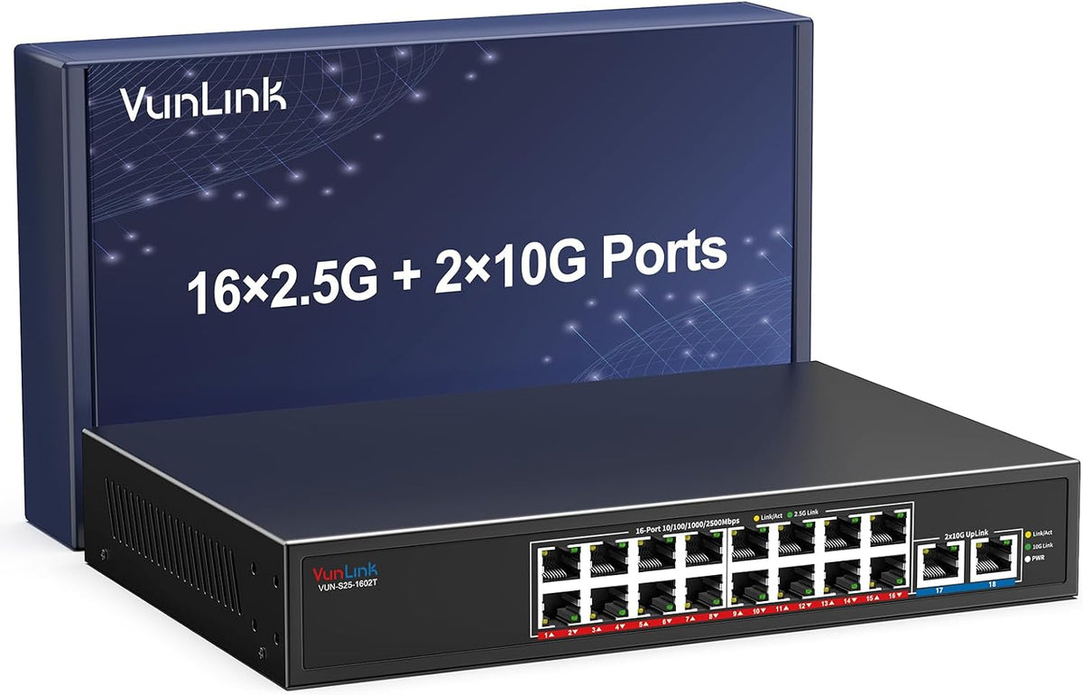 18-Port 2.5G Ethernet Switch with 10G Uplink, 16×2.5Gbps + 2×10G RJ45 Ports,VunLink Multi-Gig Unmanaged Network Switch, Plug & Play LAN Switch